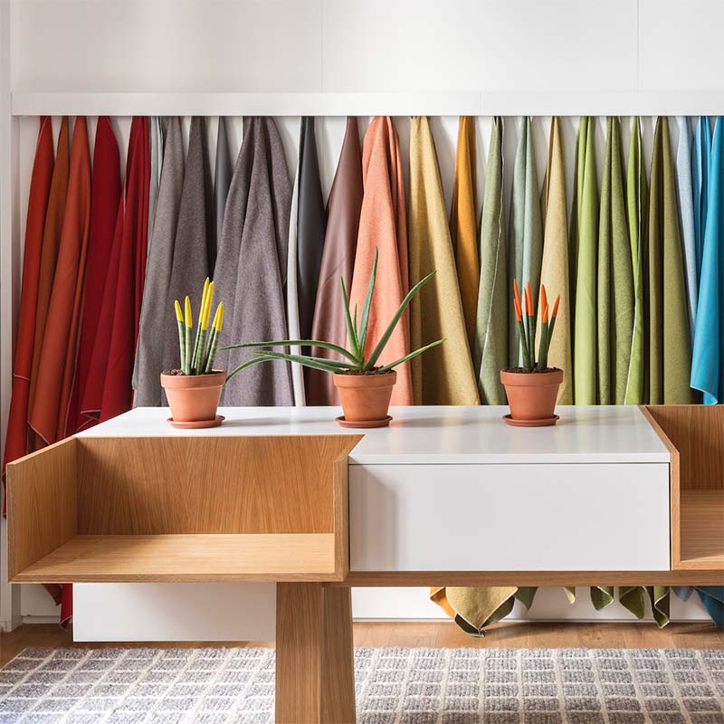 Rainbow of fabric swatches hung on a wall in front of a table with succulents on it.